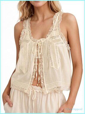 Boho Lace Tie Front Tank Top Sleeveless Crop Cotton Summer Beach